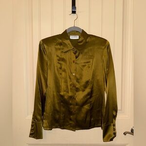Vintage GIANNI 100% Silk Long Sleeve Button Up Blouse Green Size 10 Minimalist